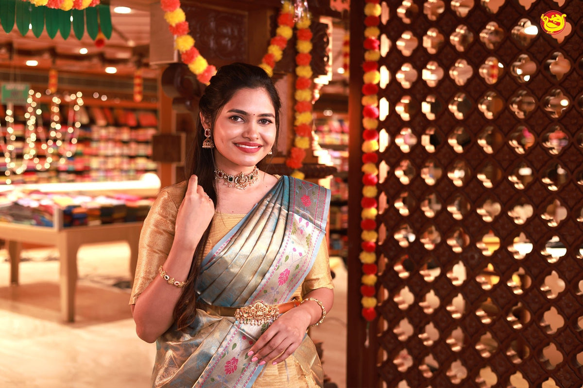 Gold With Semi Silk Half Saree With Peacock Blue Floral Design Dupatta