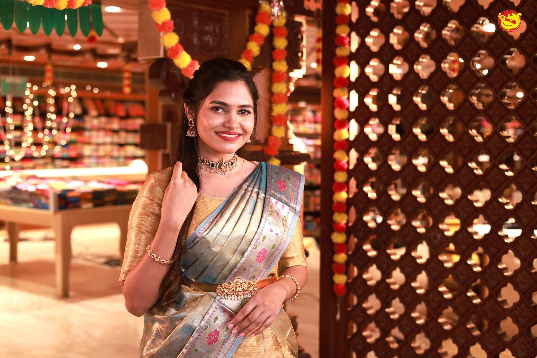 Gold With Semi Silk Half Saree With Peacock Blue Floral Design Dupatta - Thenianantham