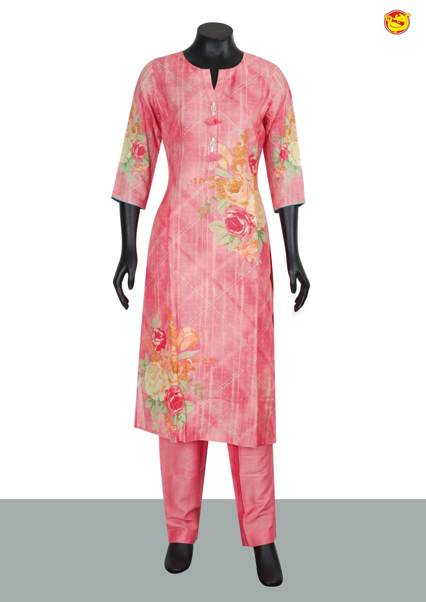 Rose Pink With Floral Digital Print and Handwork Ladies Branded Readymade Straight Cut Chudi Set