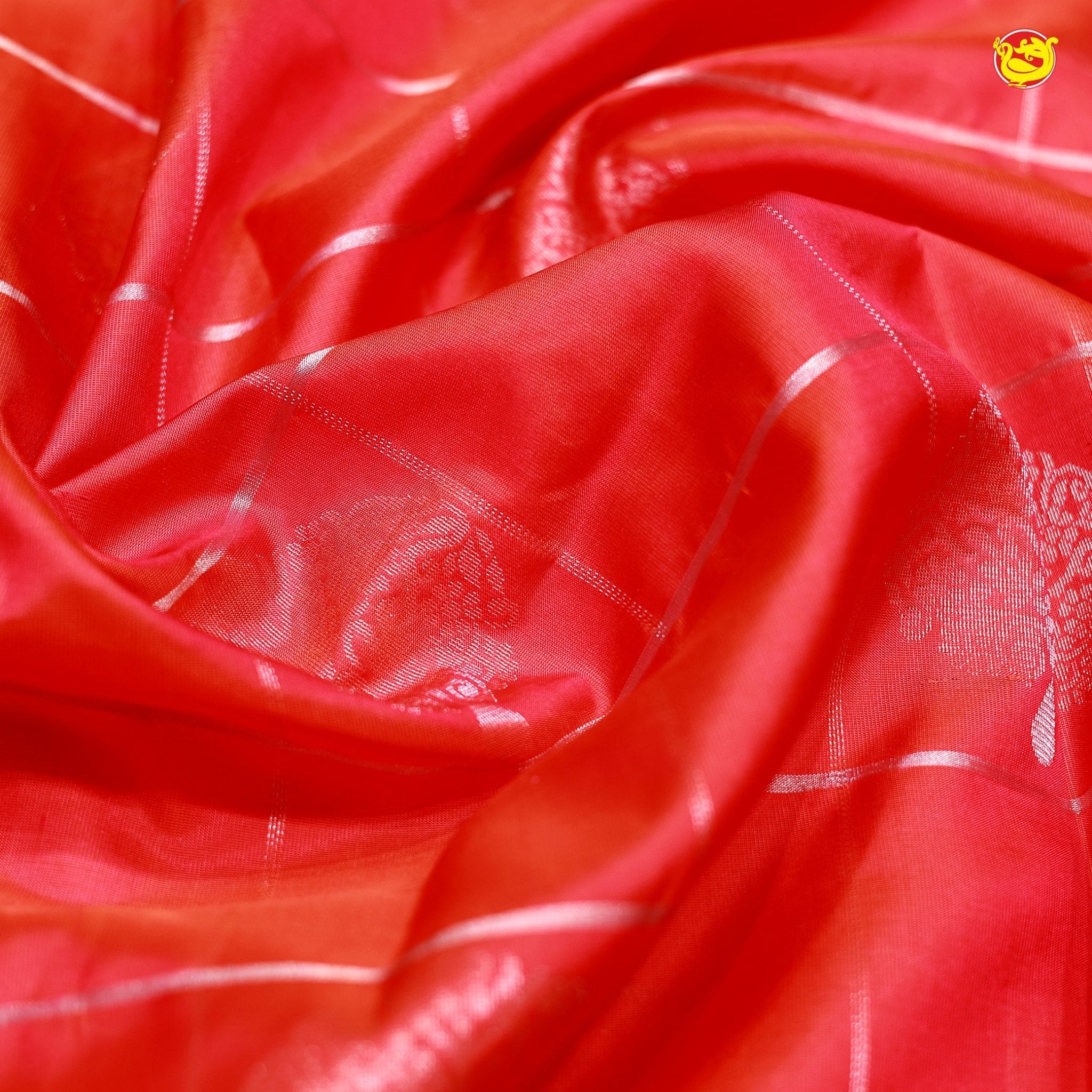 Tomato Red Checked in Buttas Silver Zari Horizontal Line Border Soft Silk Saree - Thenianantham