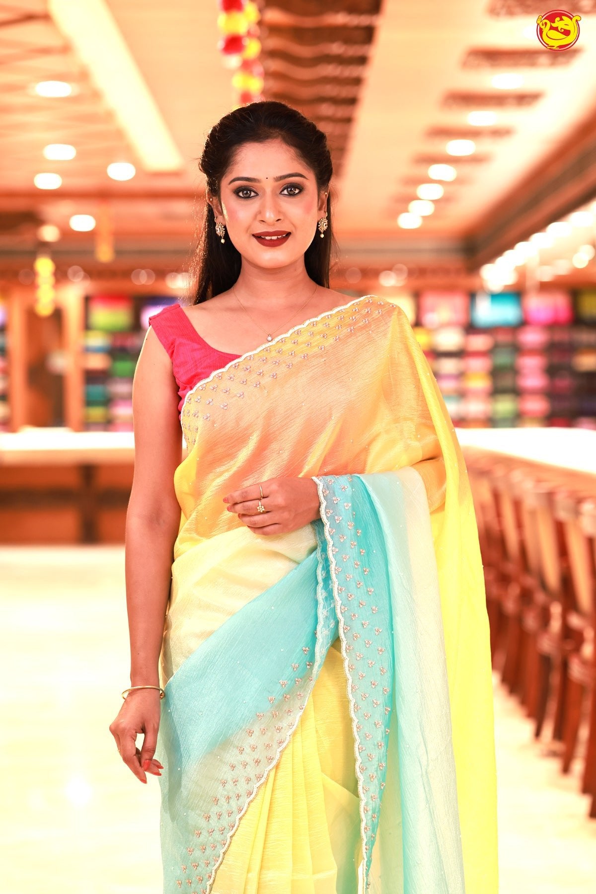 Sea Blue With Yellow Shimmer Saree In Beads And Zardosi On The Pallu Border