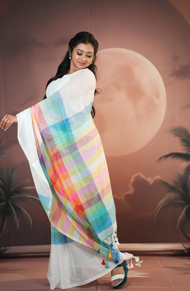 White With Multi Colour Mul Mul Cotton Sarees