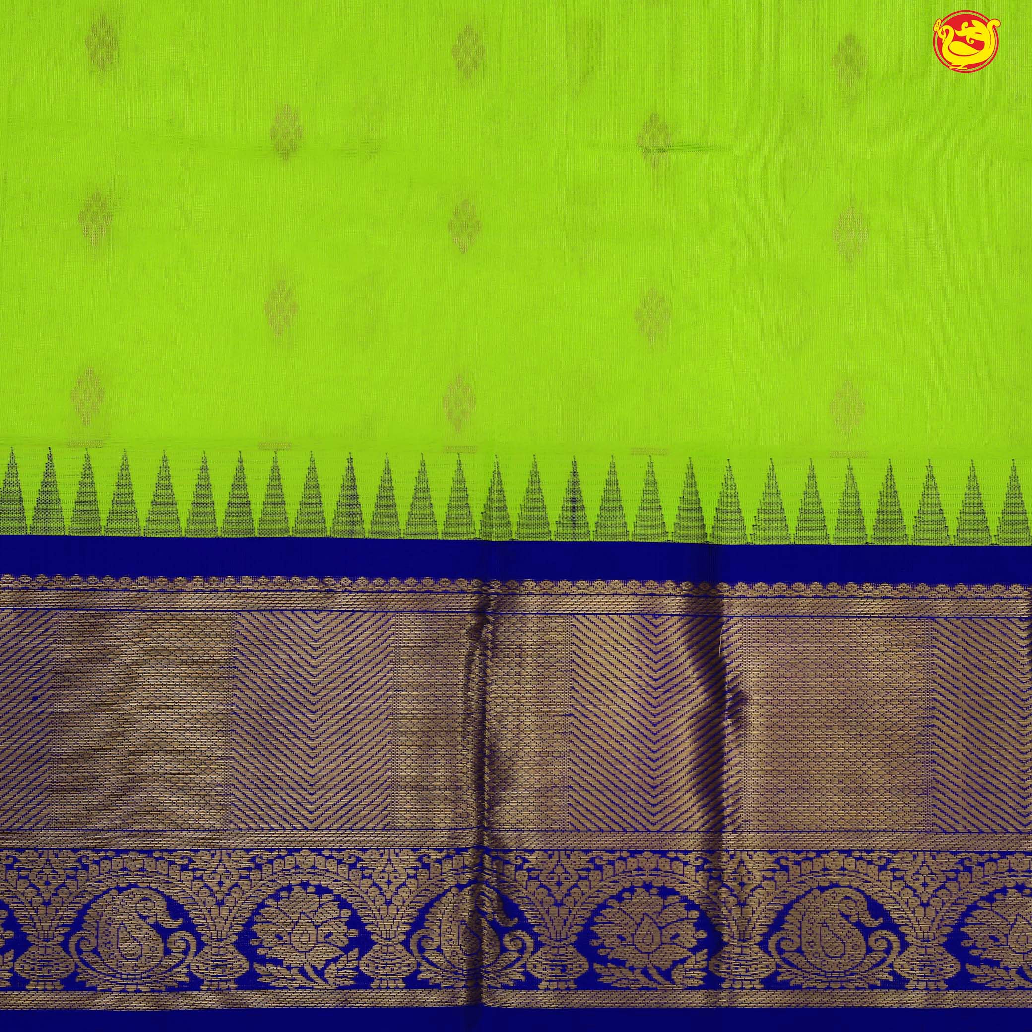 Pears Green and Blue With Gold Zari Floral Buttas Pure Silk Cotton Saree - Thenianantham