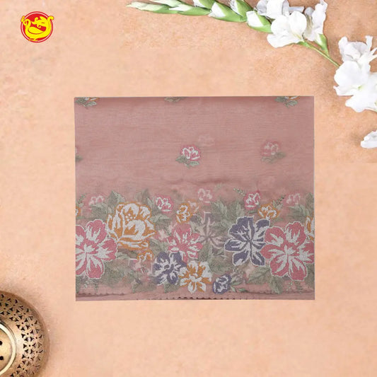 Peach with Embroidery work Buttas and Floral Design Tissue Saree