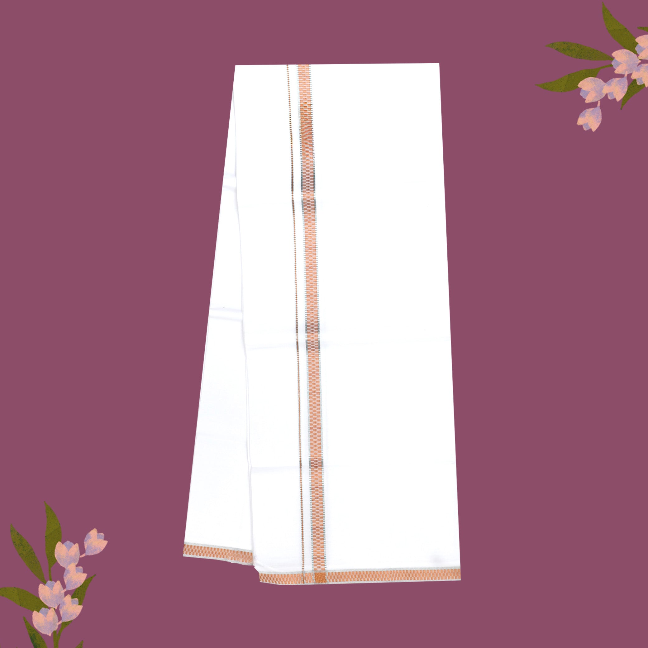White with Orange And Silver Jari Border Single Layer Cotton Men’s Dhoti