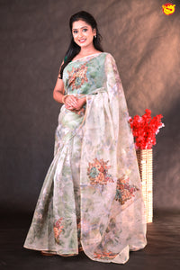 Light Green with Lace Border Floral Digital Prints and French Knot Embroidered Saree