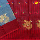 Greyish blue colour with Red  Pure Bengal Cotton Saree without Blouse