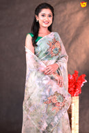 Light Green with Lace Border Floral Digital Prints and French Knot Embroidered Saree