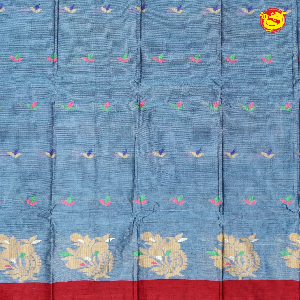 Greyish blue colour with Red  Pure Bengal Cotton Saree without Blouse