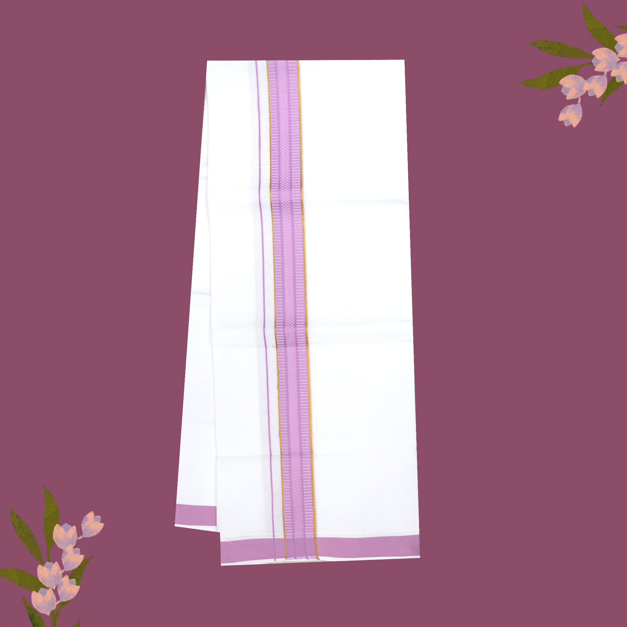 White with Light Purple   - The very thin stripes running alongside it appear to be gold Fancy Border Single Layer Cotton Men’s Dhoti