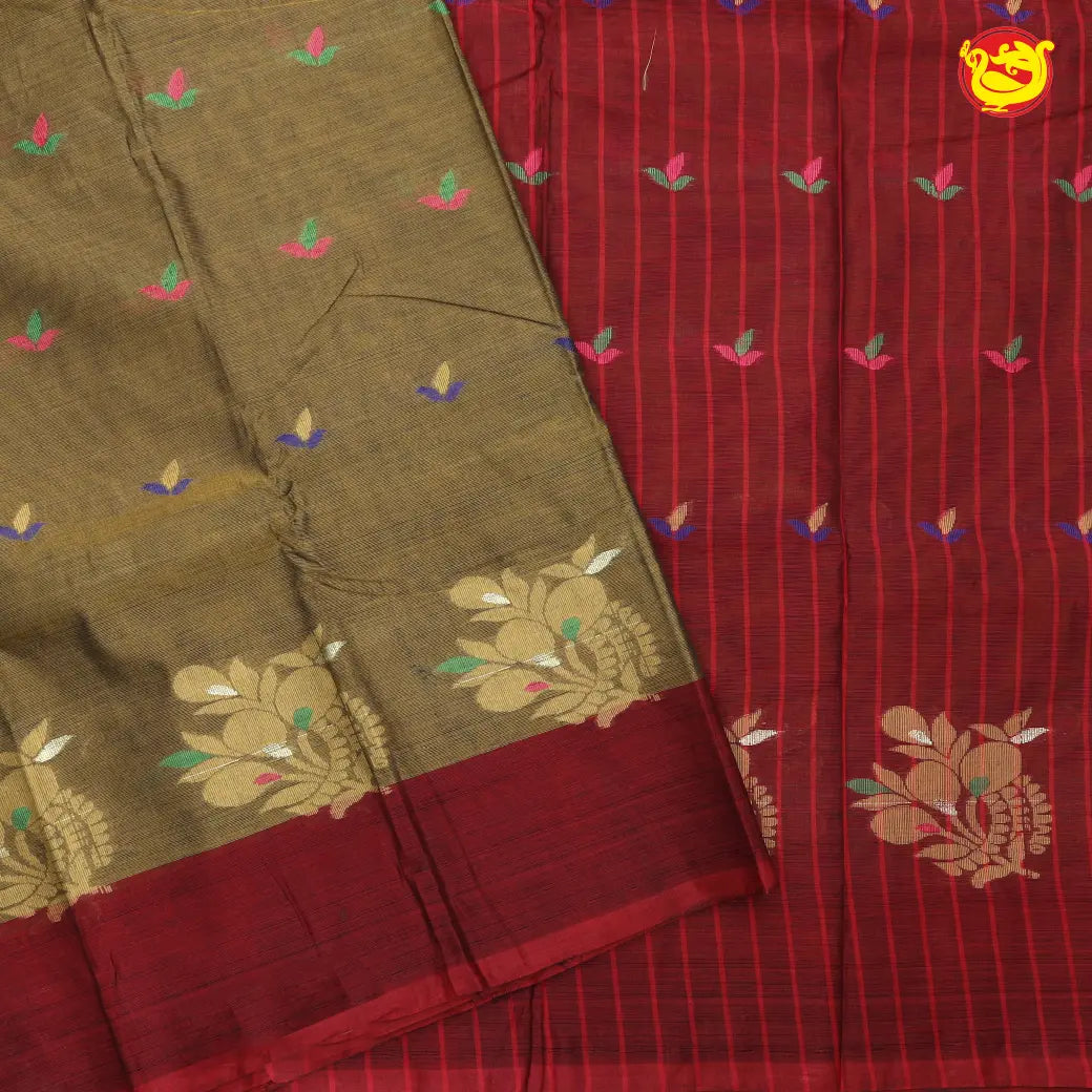 Olive Green with Red Pure Bengal Cotton Saree without Blouse