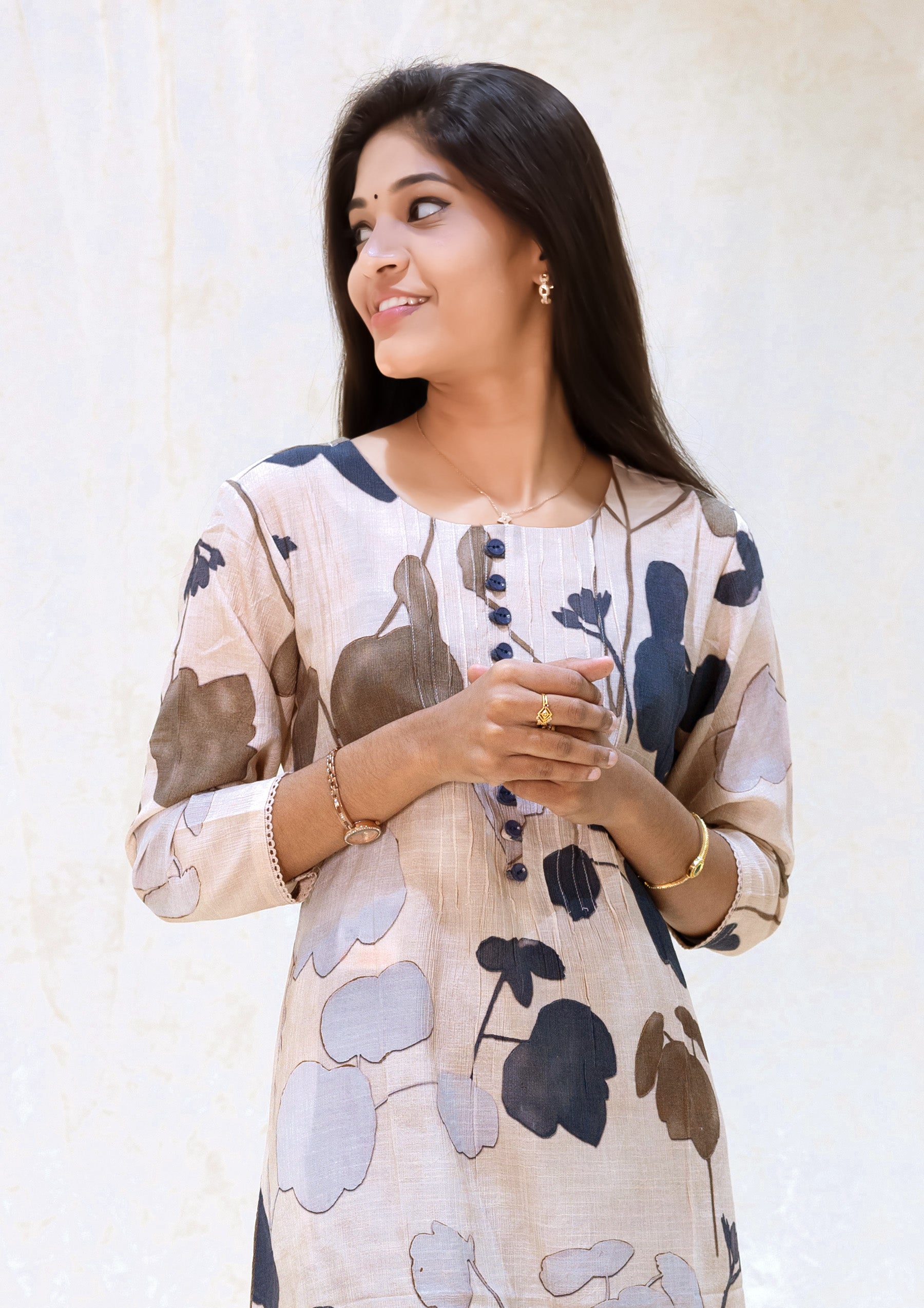 Iniya- Beige color With leaf prints ladies straight kurti Readymade