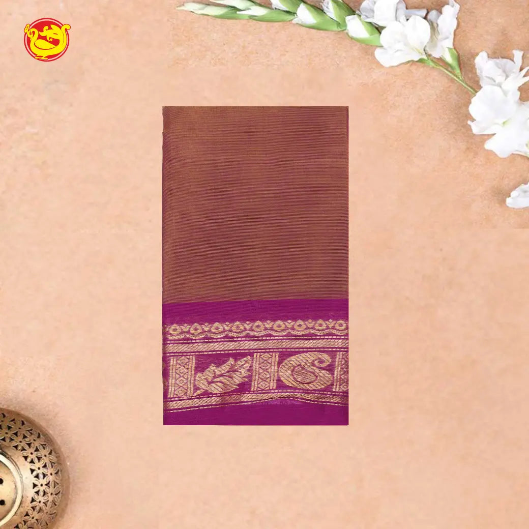 Light Brown double shade with Magenta-yellow Pure Bengal Cotton Saree without Blouse