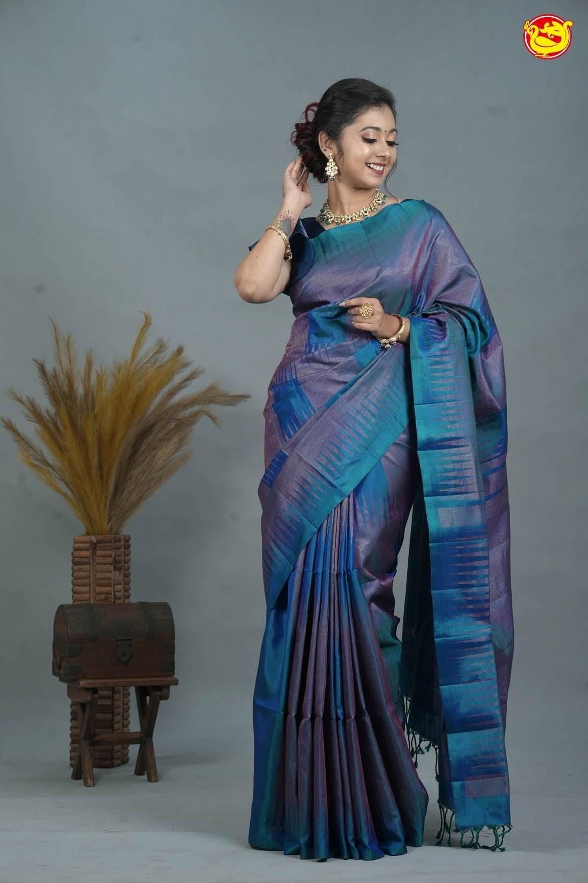 Peacock blue with pink zari Soft silk saree