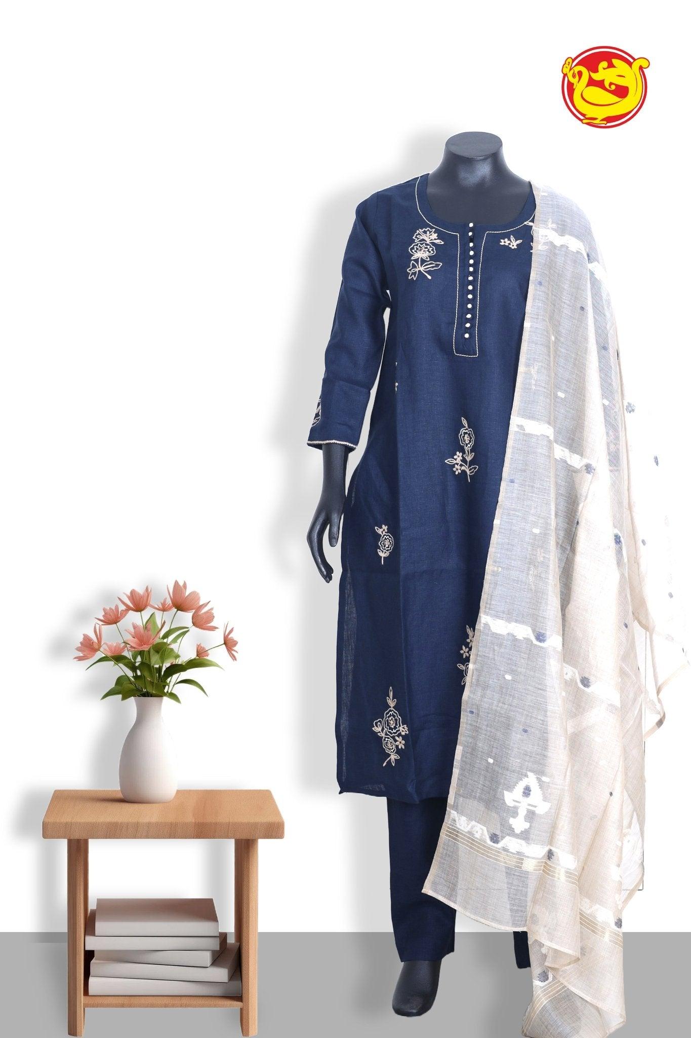 Navy Blue With White Ladies Branded Readymade Chudi Set