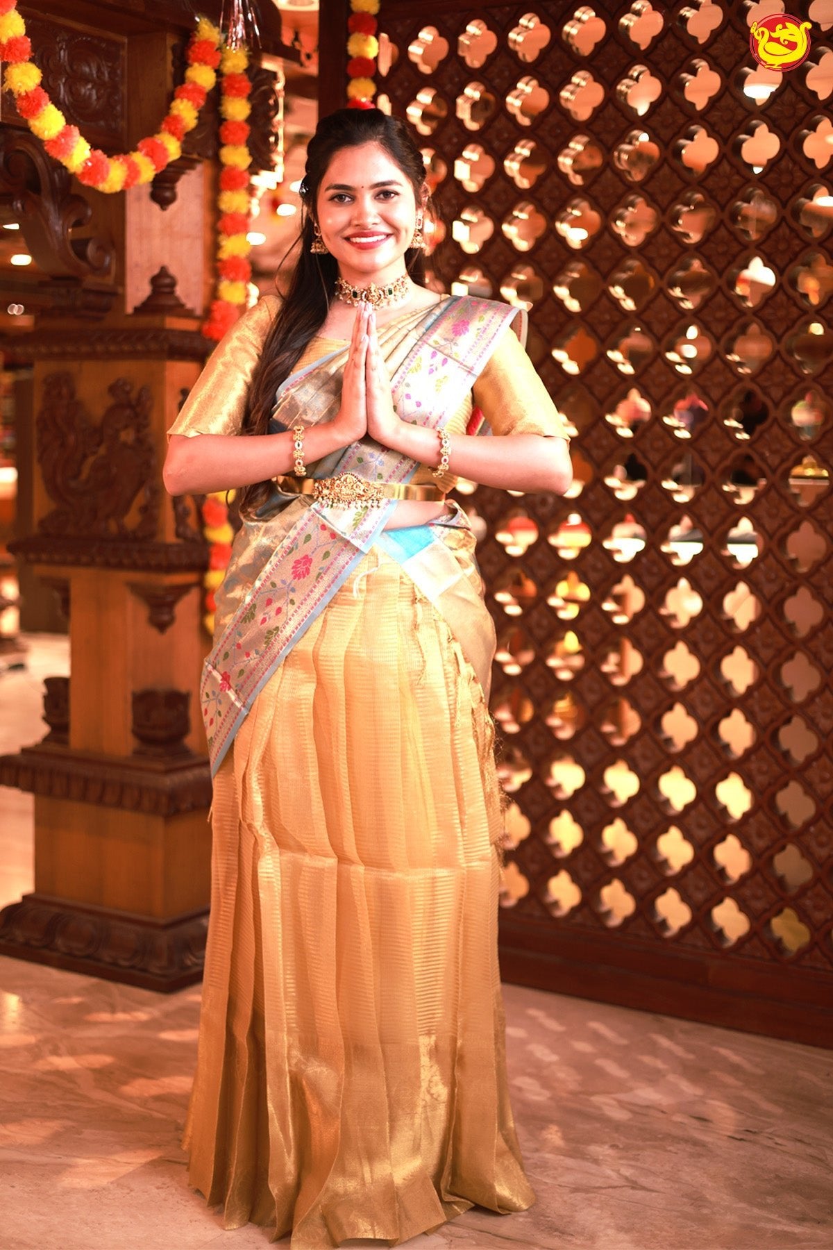 Gold With Semi Silk Half Saree With Peacock Blue Floral Design Dupatta