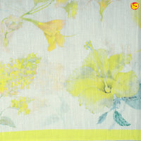 Light Yellow With Half White Floral Digital Print Linen Cotton Saree - Thenianantham