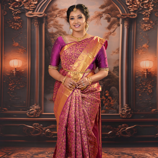 Magenta with Gold Zari Border Wedding Silk Saree