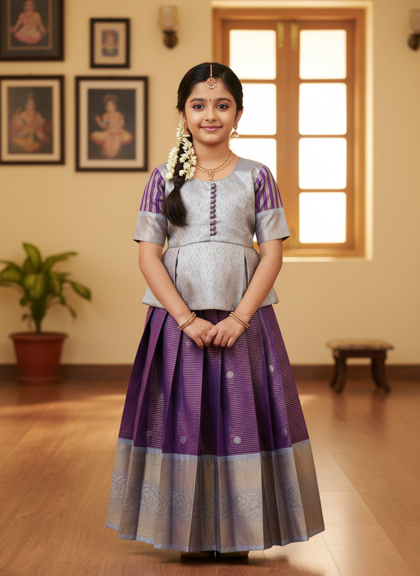 Silver With Purple Girls Branded Readymade Pattu Pavadai