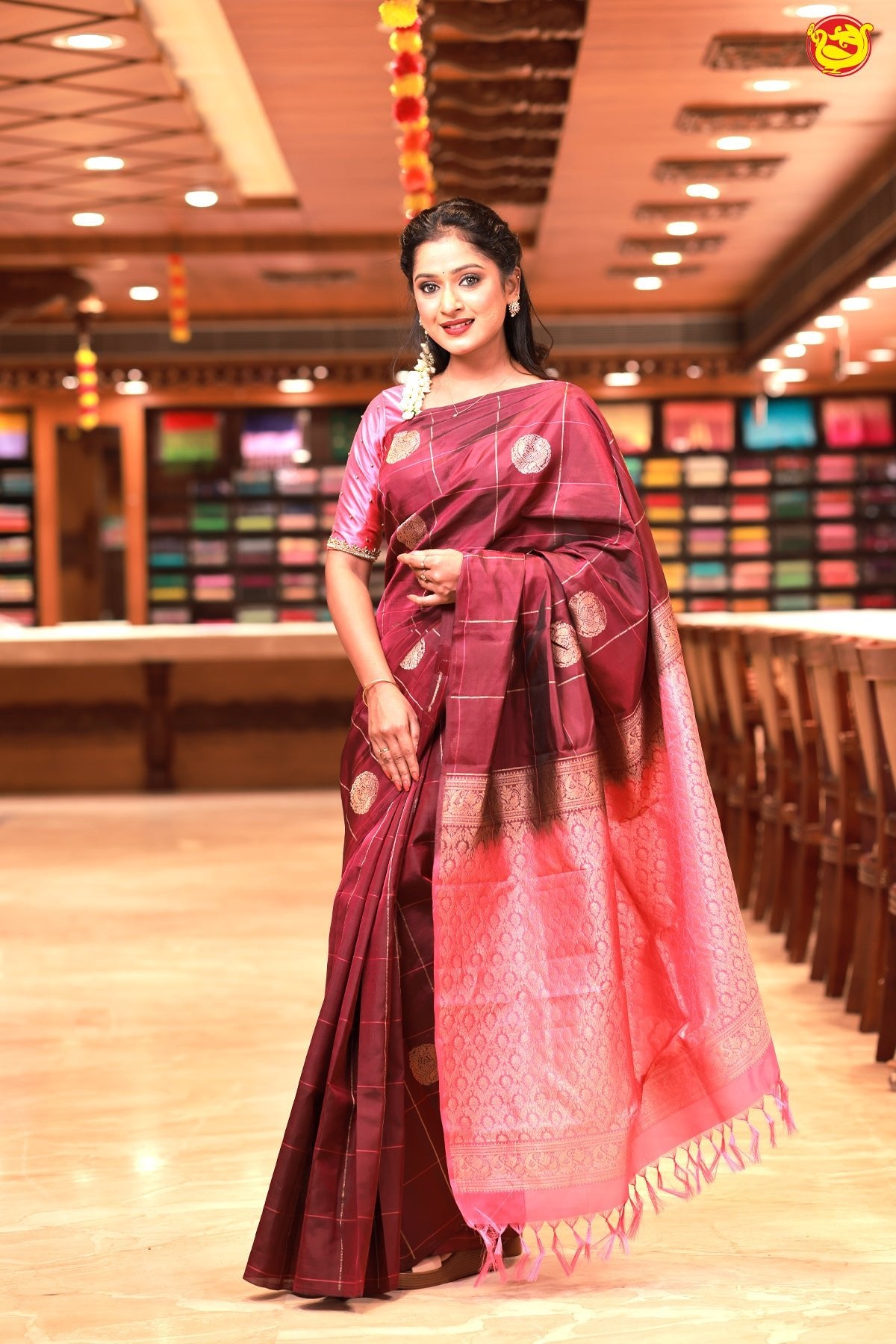 Wine With Pink Floral Buttas Motifs Gold Zari Checked Yuvana Semi Soft Silk Saree