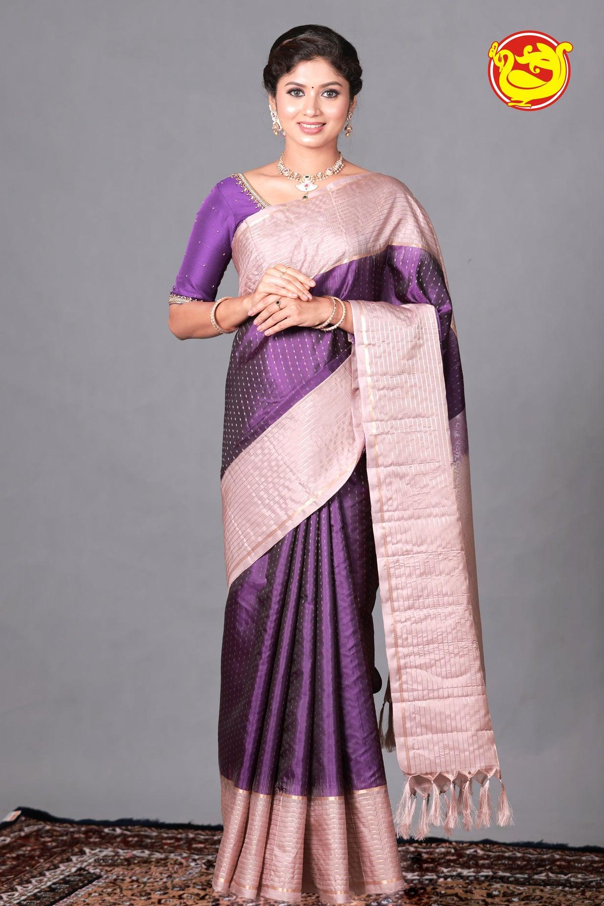 Violet With Sliver Grey Soft Silk Saree