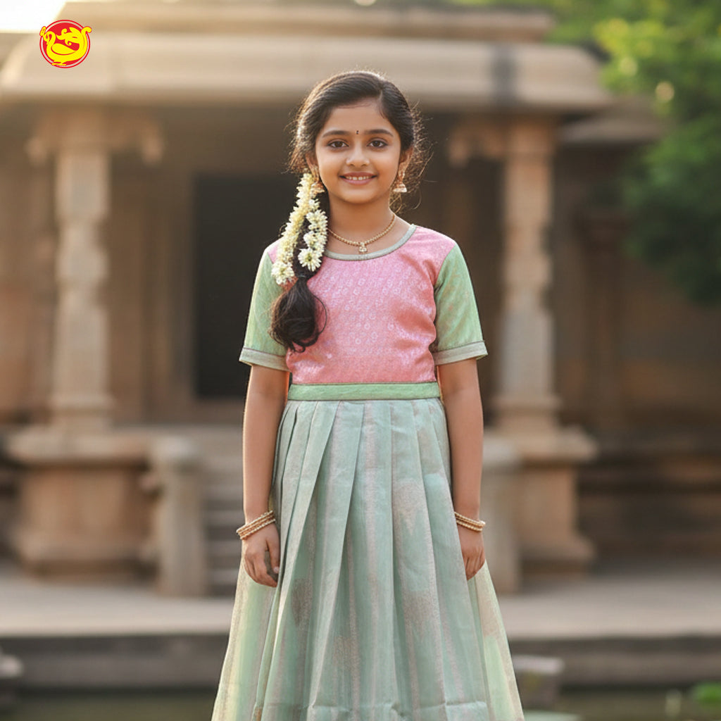 Light pink with Light green Girls Branded Readymade Pattu Pavadai