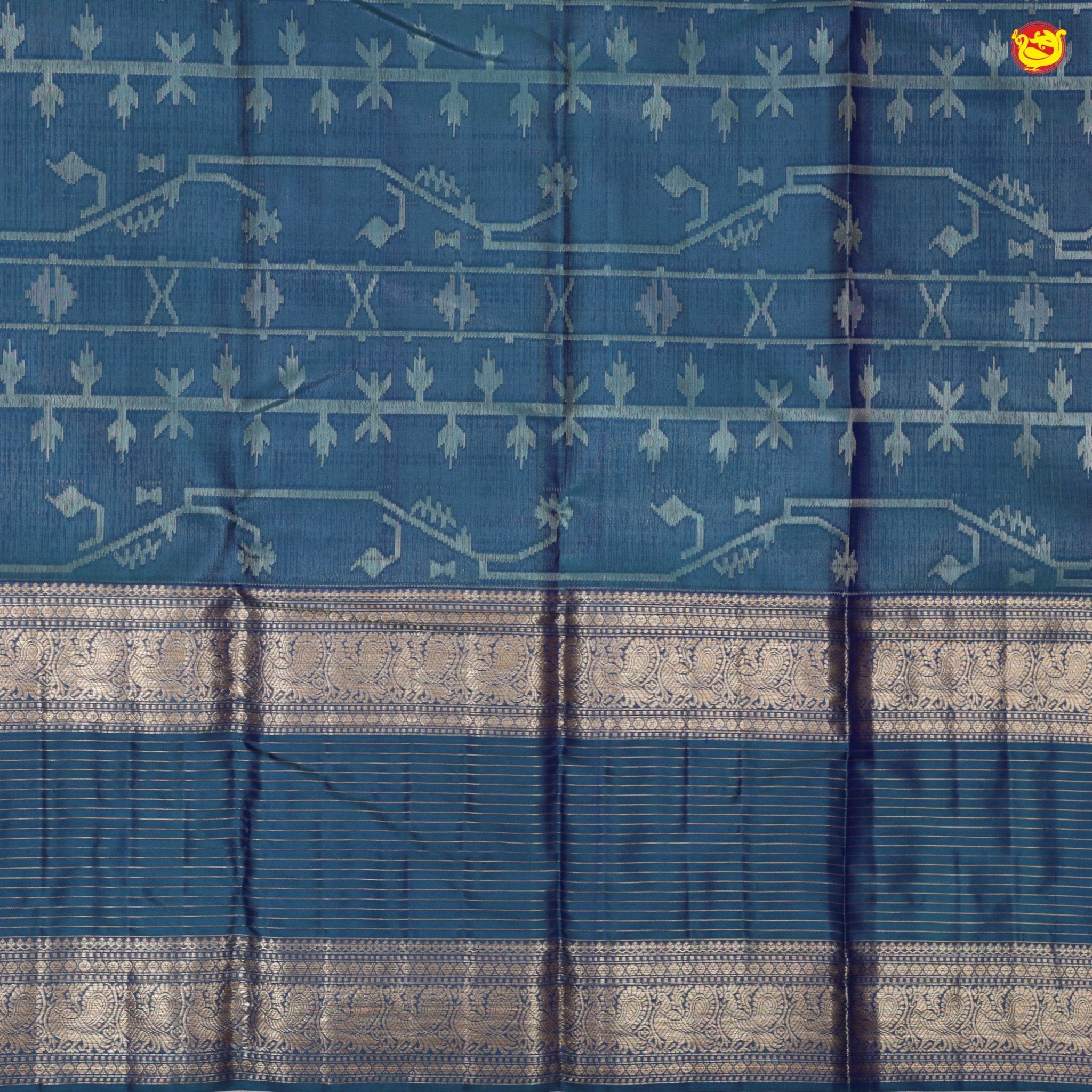 Peacock Blue With Stripes Motifs Gold Zari Peacock and Stripes Long Border Pure Kanjivaram Wedding Silk Saree - Thenianantham