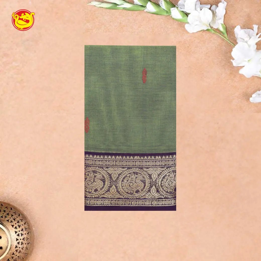 Olive Green with Purple Pure Chettinad Cotton Saree  without Blouse