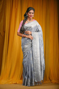 Light English grey pure Venkatagiri silk saree - Thenianantham