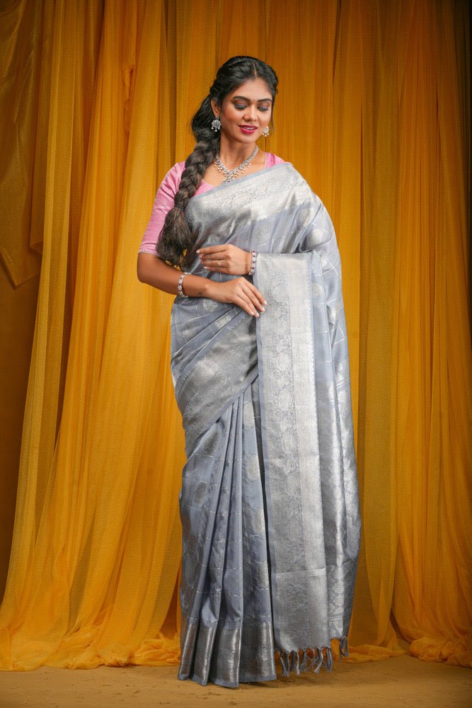 Light English grey pure Venkatagiri silk saree