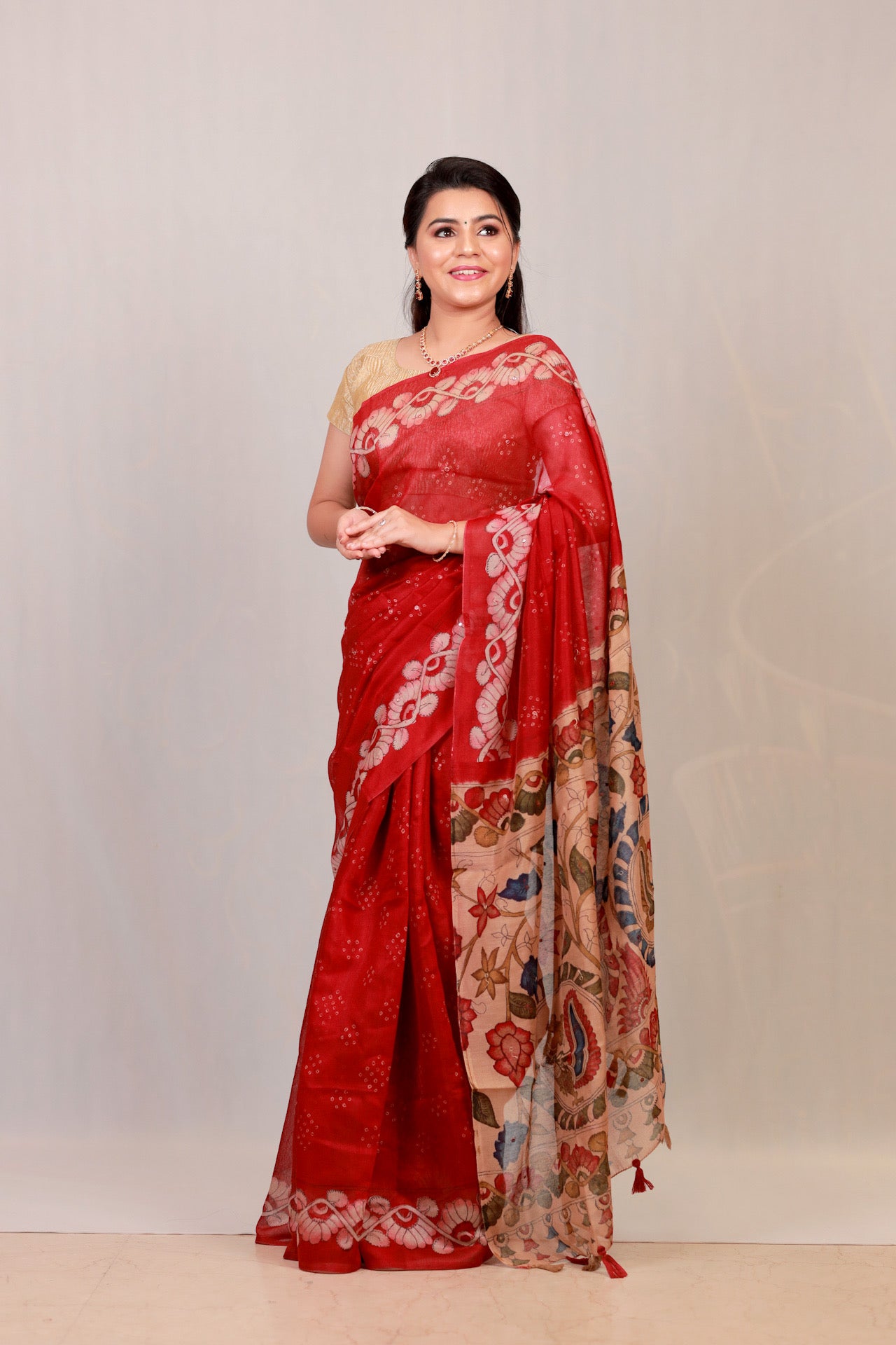 Red Semi linen saree with mirror work hand embroidery
