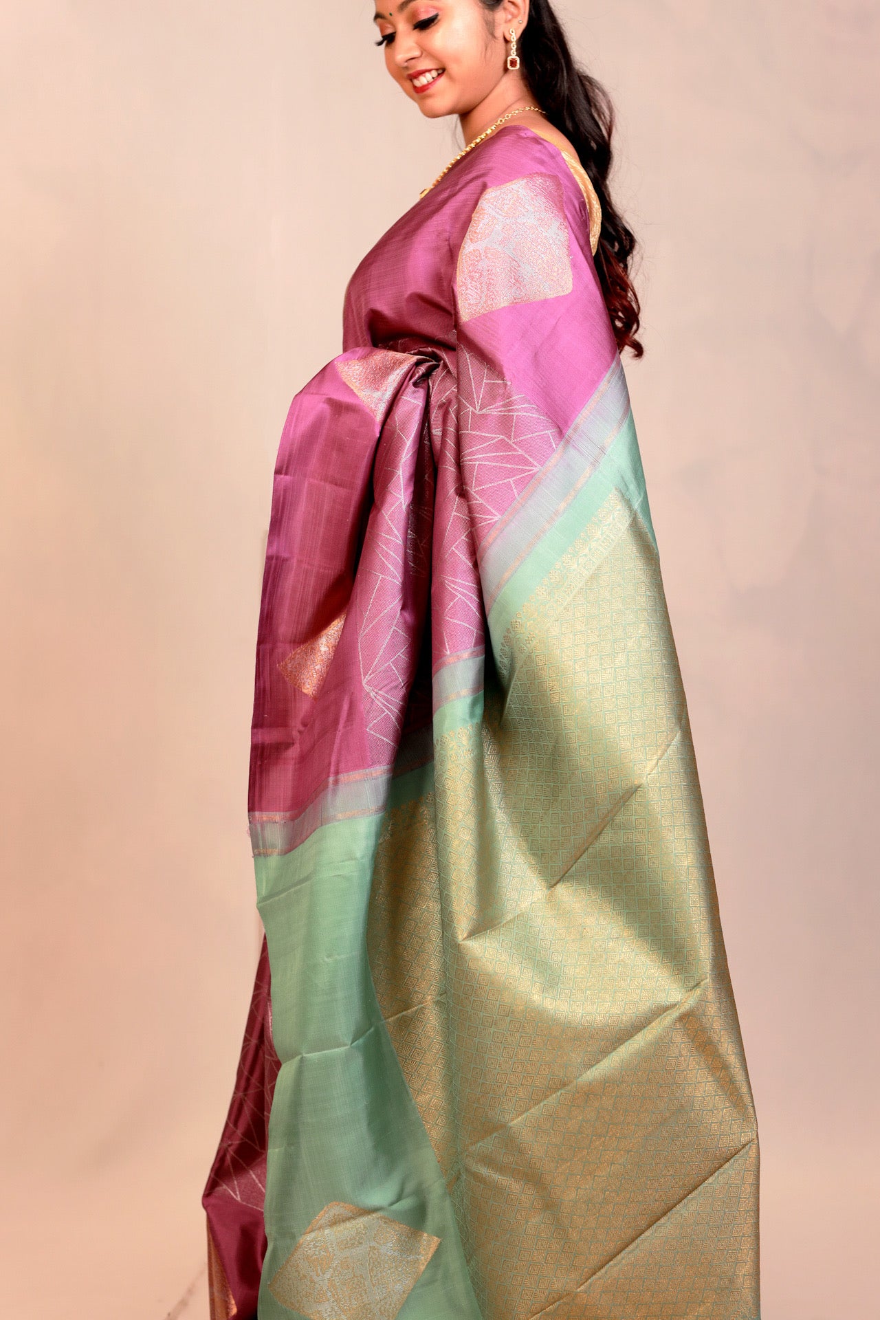 Lilac colour pure Kanchivaram silk saree with gold and silver zari
