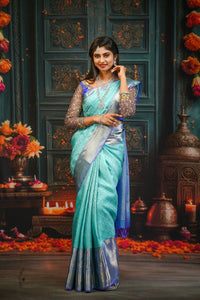 Sky blue with greyish blue border subhalaya pure silk saree - Thenianantham