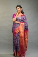 Bluish grey with magenta pink designer silk saree - Thenianantham