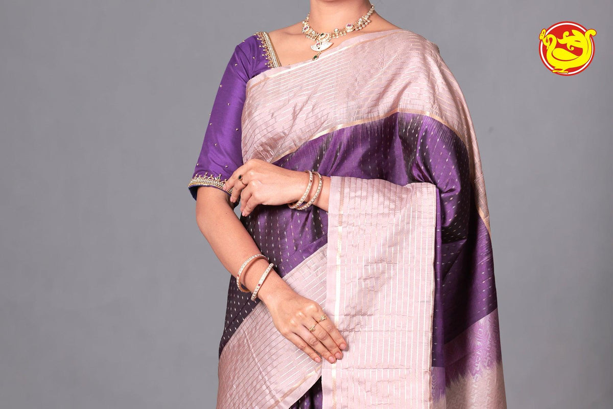 Violet With Sliver Grey Soft Silk Saree