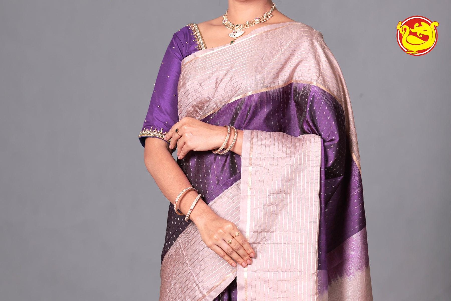 Violet With Sliver Grey Soft Silk Saree - Thenianantham