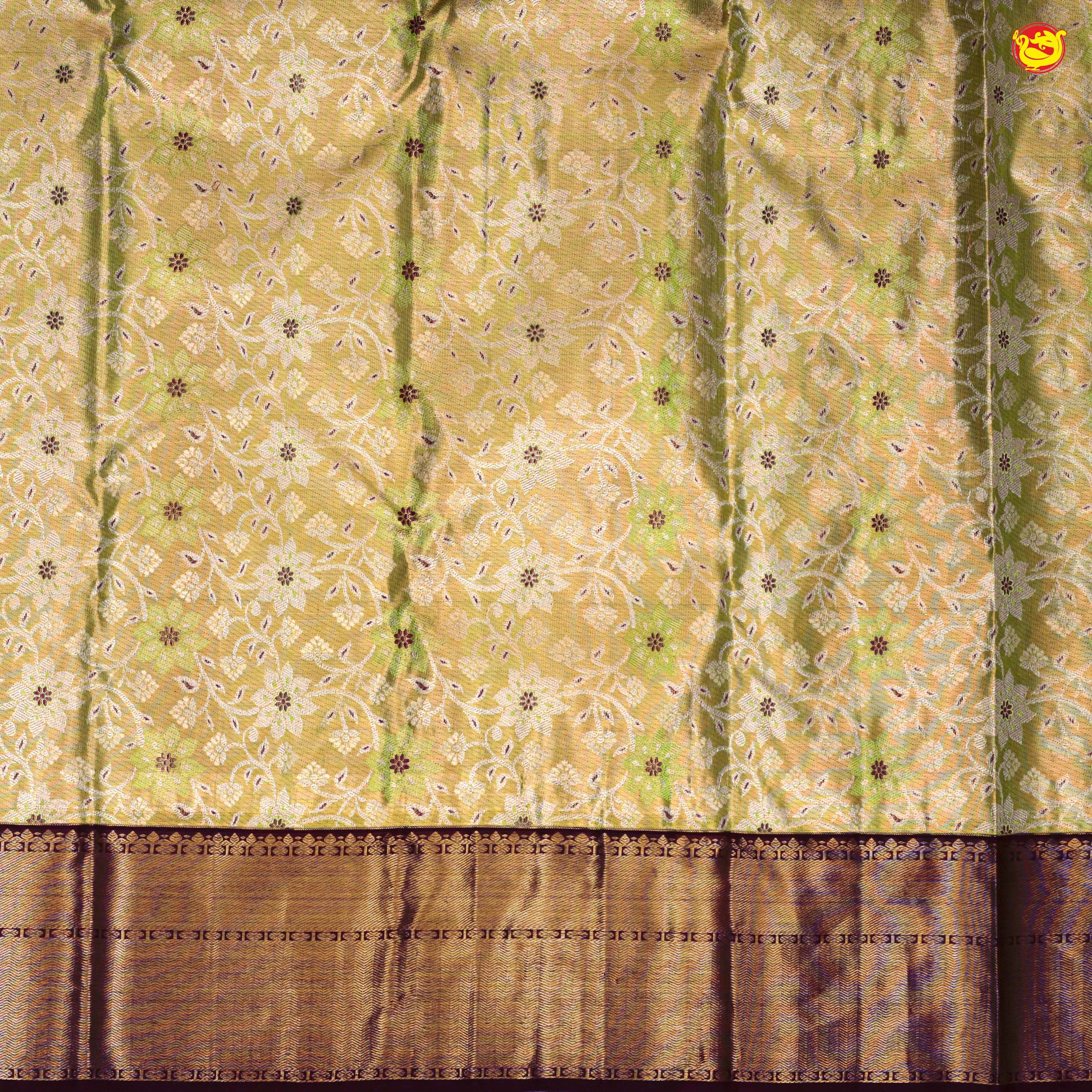 Golden Tissue and Dark Purple Border With Floral Design Pure Kanjivaram Subhalaya Wedding Silk Saree - Thenianantham