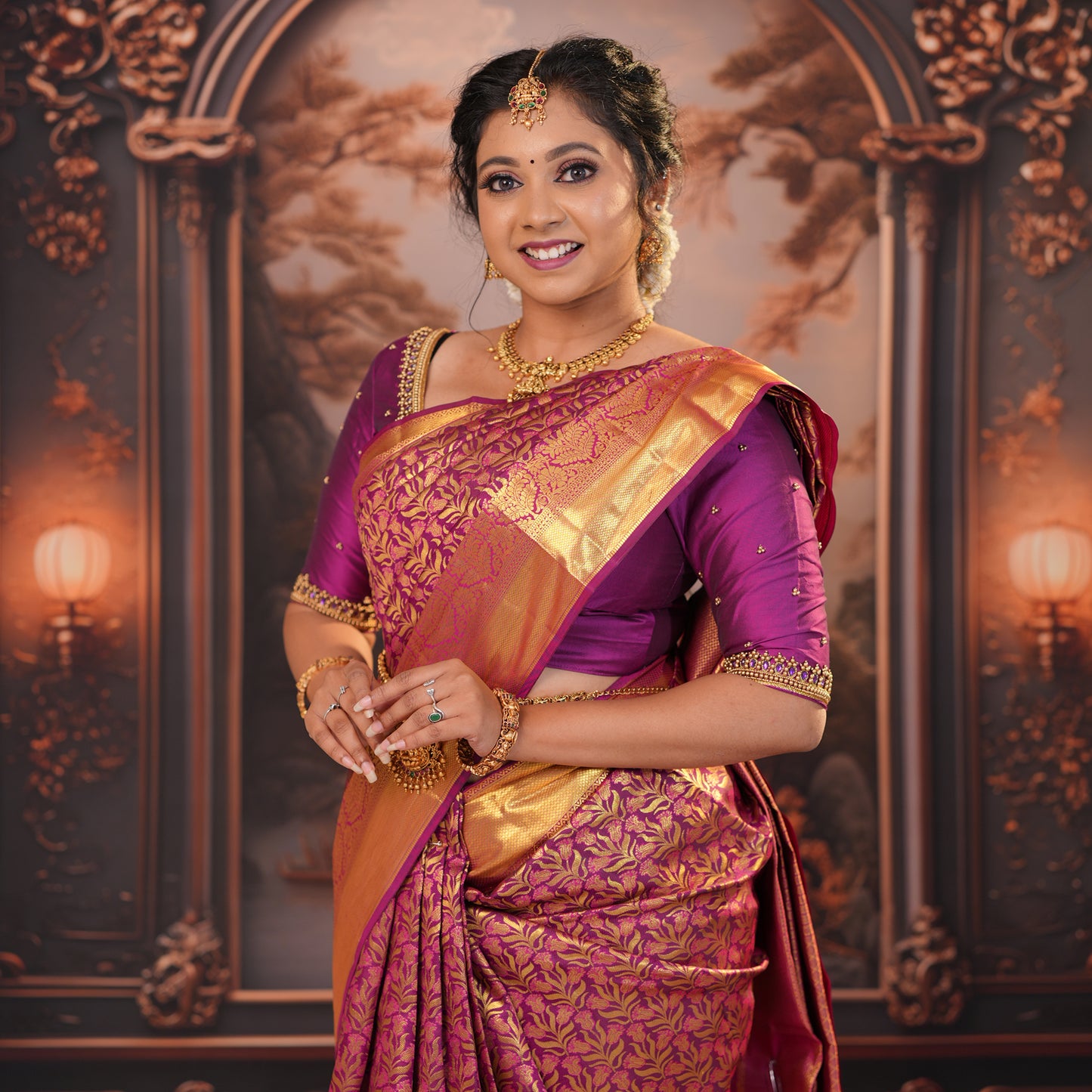 Magenta with Gold Zari Border Wedding Silk Saree