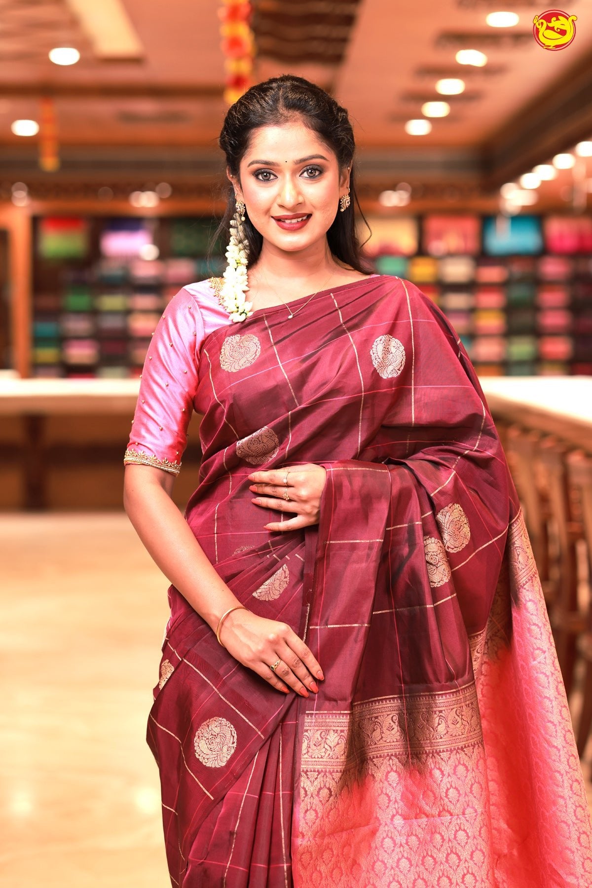 Wine With Pink Floral Buttas Motifs Gold Zari Checked Yuvana Semi Soft Silk Saree