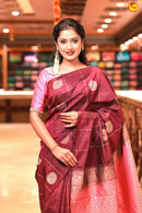 Wine With Pink Floral Buttas Motifs Gold Zari Checked Pure Kanjivaram Soft Silk Saree - Thenianantham