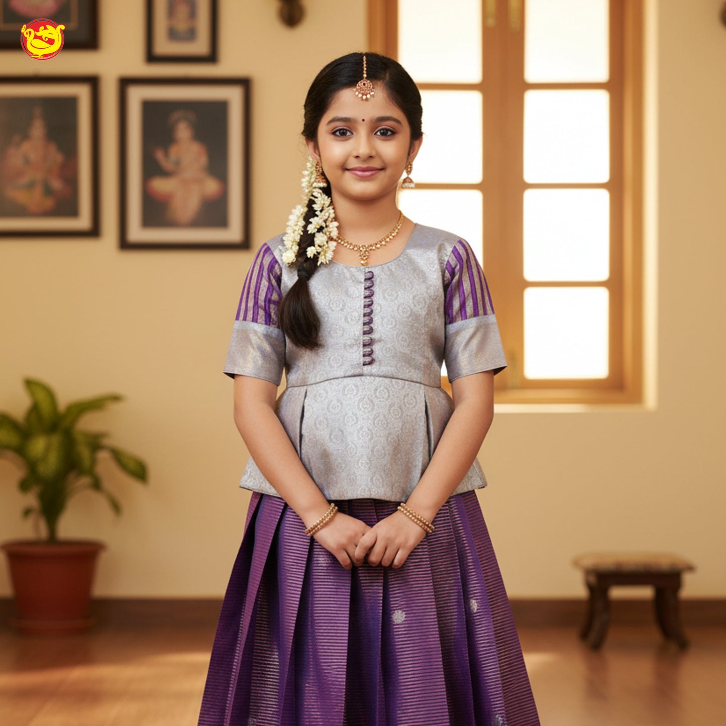 Silver With Purple Girls Branded Readymade Pattu Pavadai