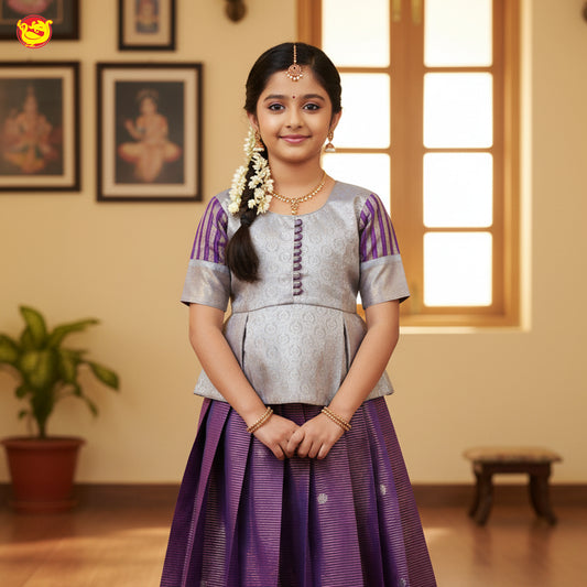 Silver With Purple Girls Branded Readymade Pattu Pavadai