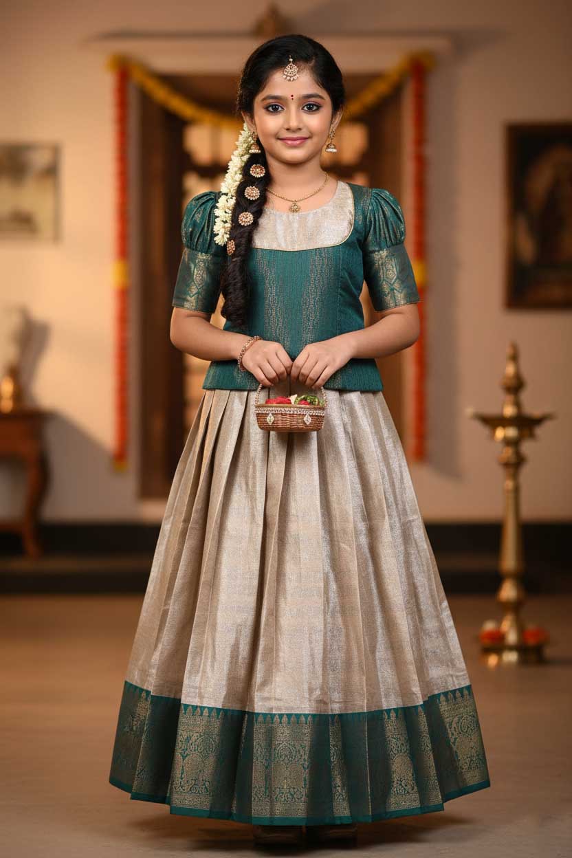 Ramar Green With Half White Girls Branded Readymade Pattu Pavadai