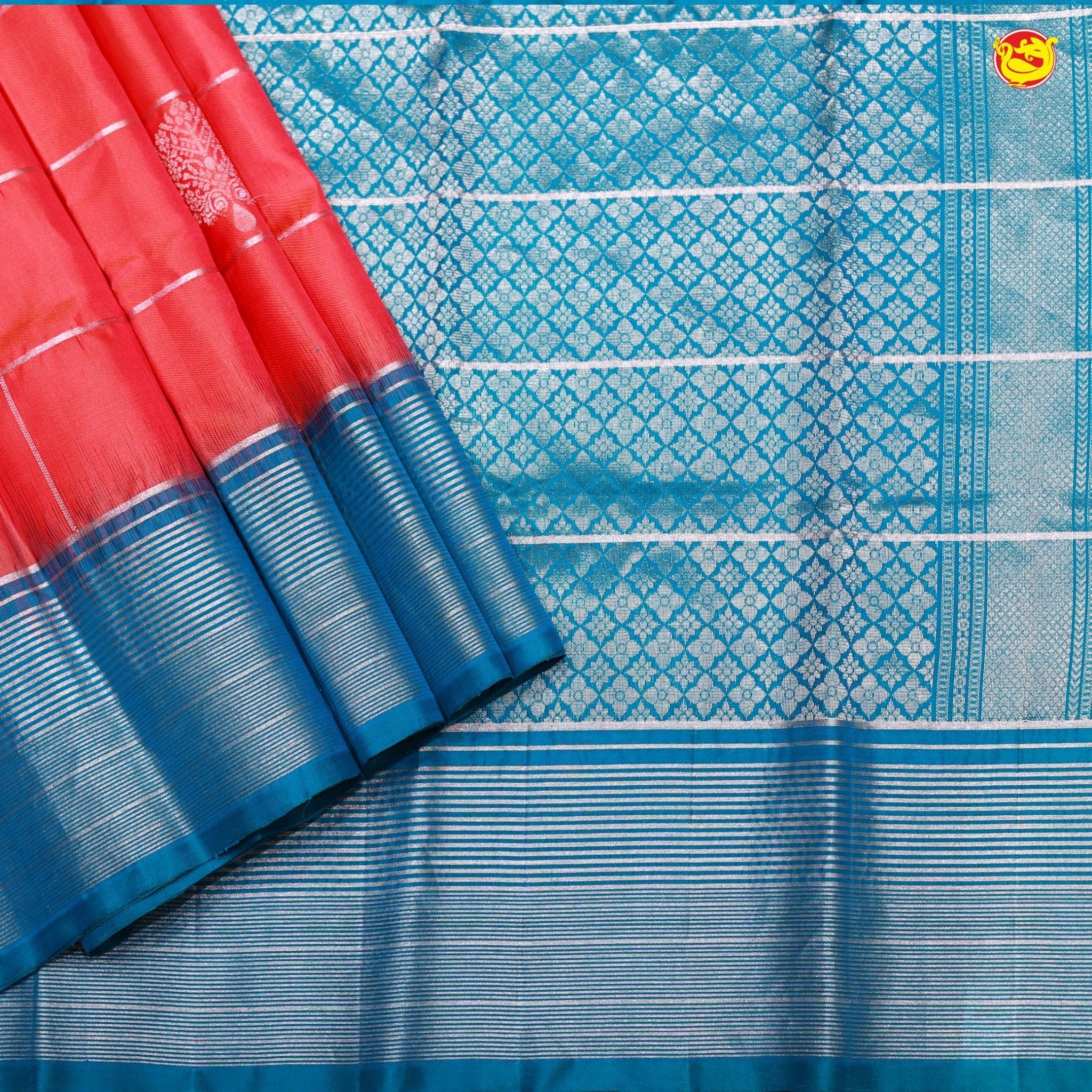 Tomato Red Checked in Buttas Silver Zari Horizontal Line Border Soft Silk Saree - Thenianantham