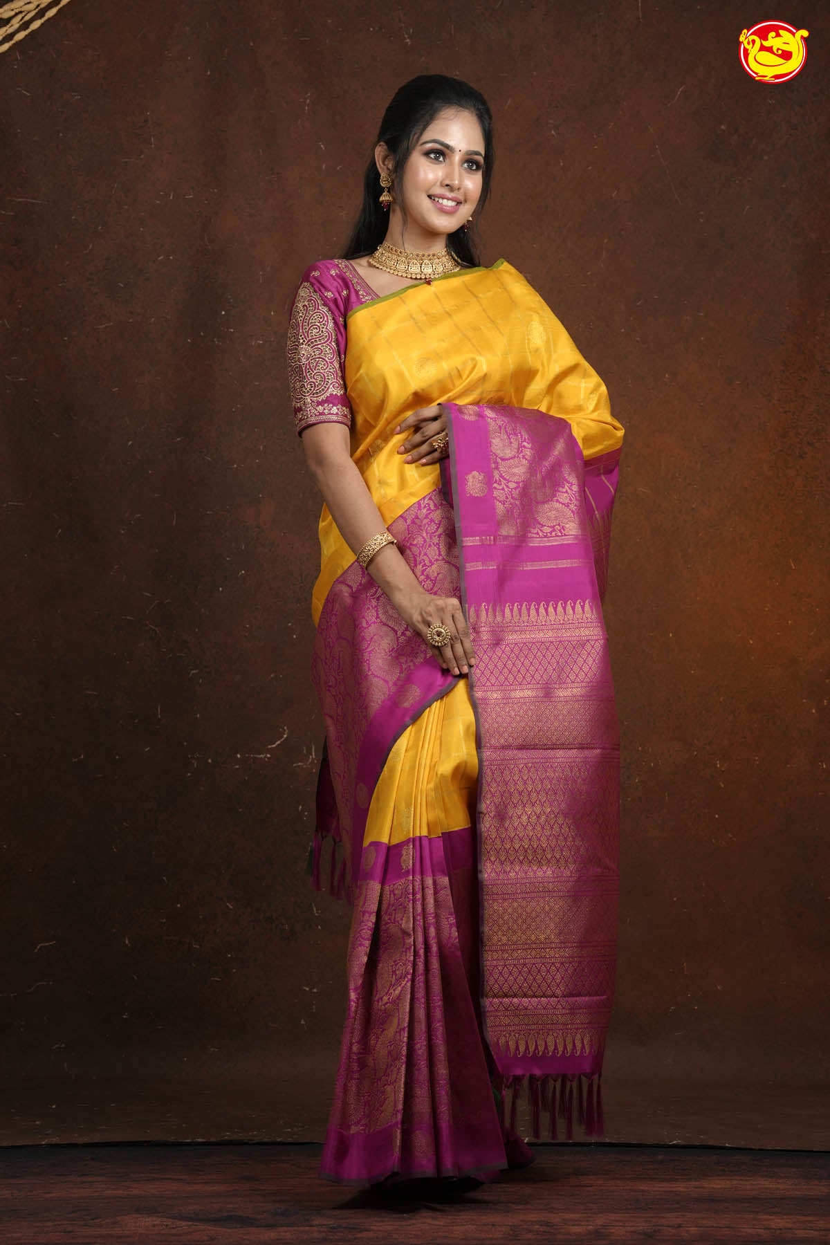 yellow with pink arani silk saree