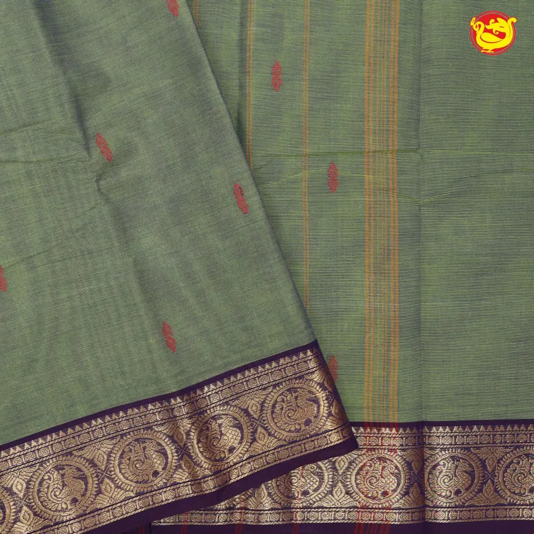 Olive Green with Purple Pure Chettinad Cotton Saree  without Blouse