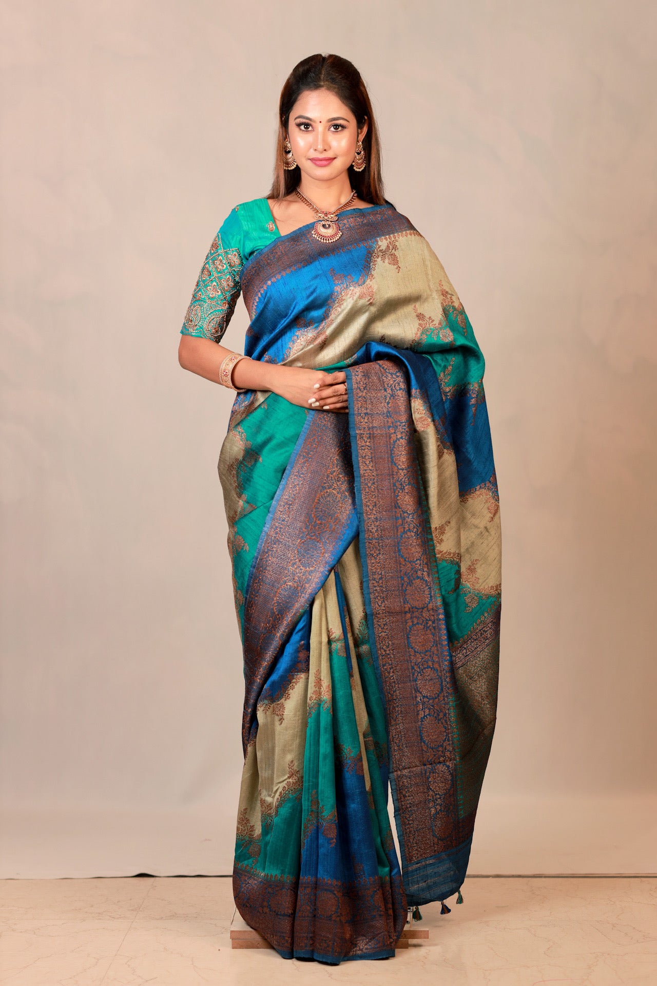 Blue pure Banarasi khadi tussar saree with colour blocks