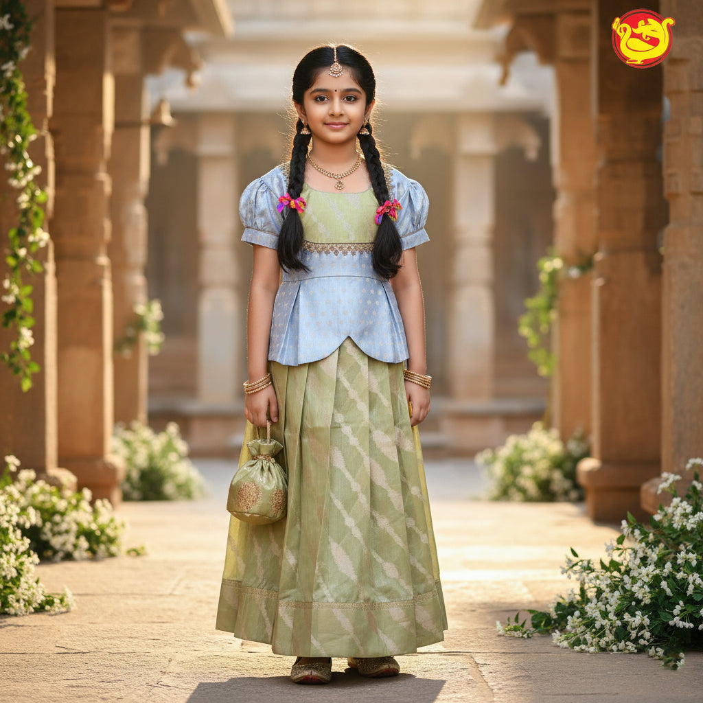 Light Grey with Green Girls Readymade Pattu Pavadai Set