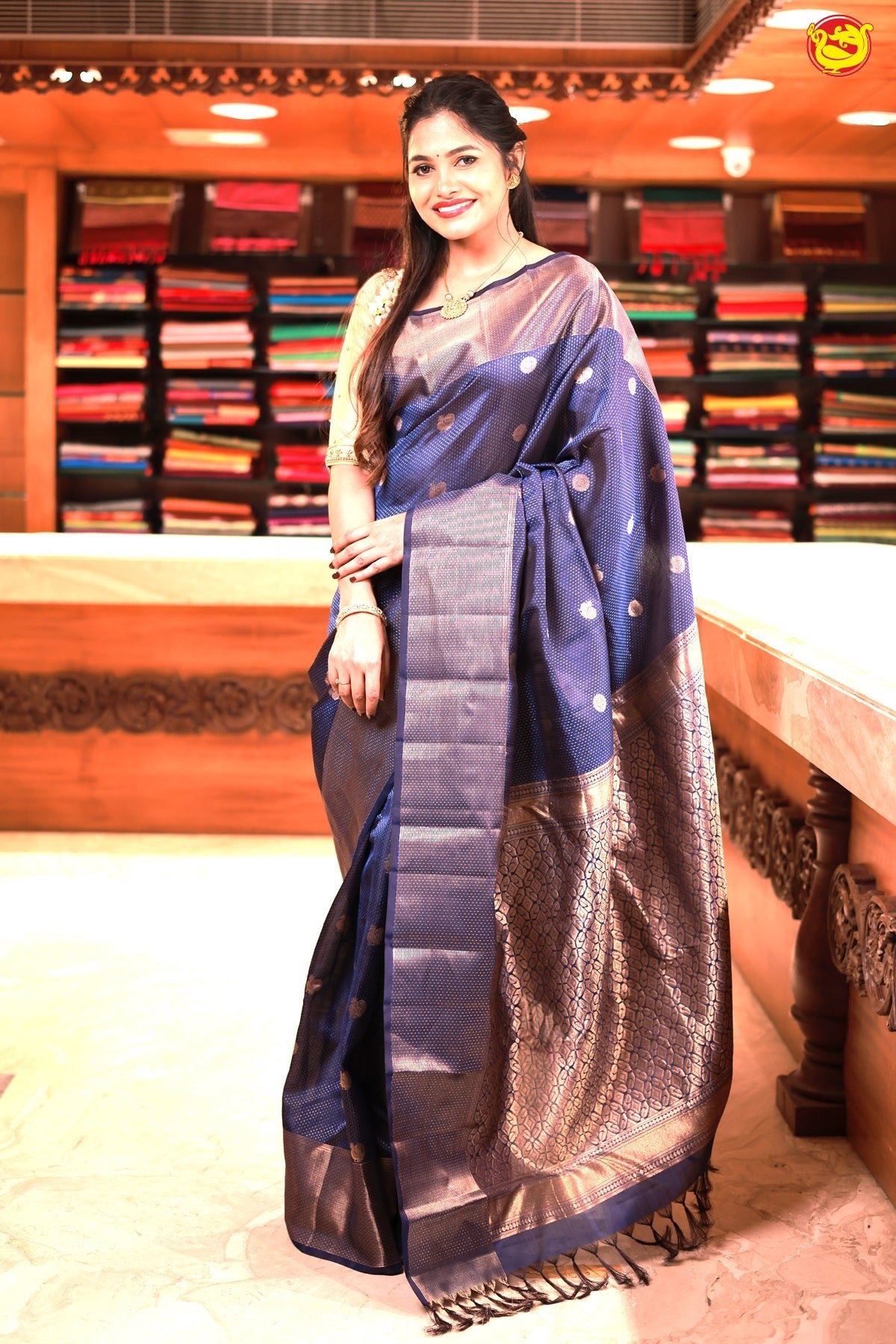 Navy Blue With Rani Pink Floral Buttas Motifs Gold Zari Striped Yuvana Semi Soft Silk Saree