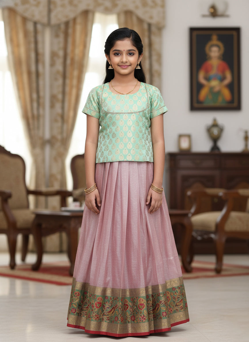 Mint Green With Pink  Girls Branded Readymade Pattu Pavadai